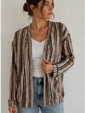 NIC+ZOE Linen Blend Wavy Stripe Open Front Cardigan Size Small
